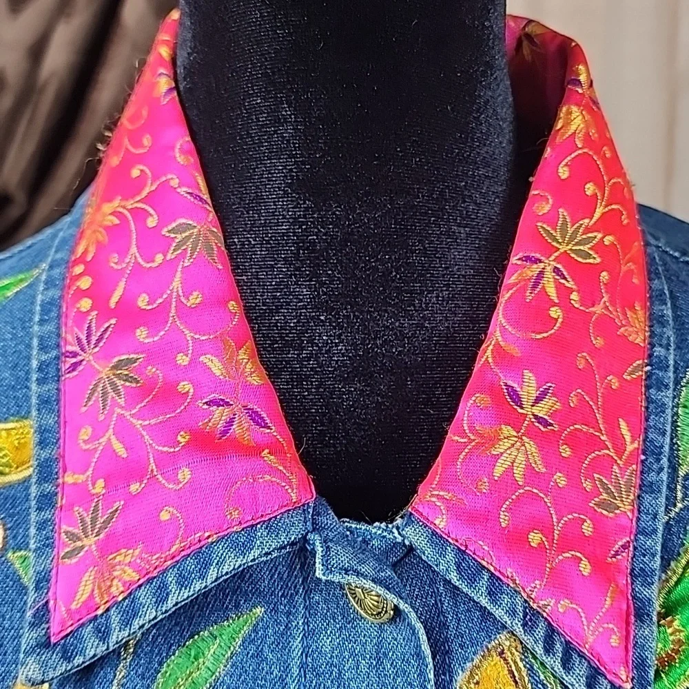 TANTRUMS | Vintage Bright Dopamine Floral Ribbon Embroidered Denim Jacket | L - Picture 5 of 12